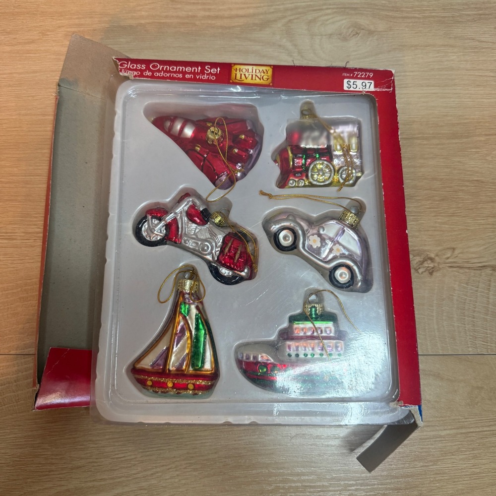 Holiday Living Glass Ornament Set Transportation Train Rocket Motorcycle 6pc